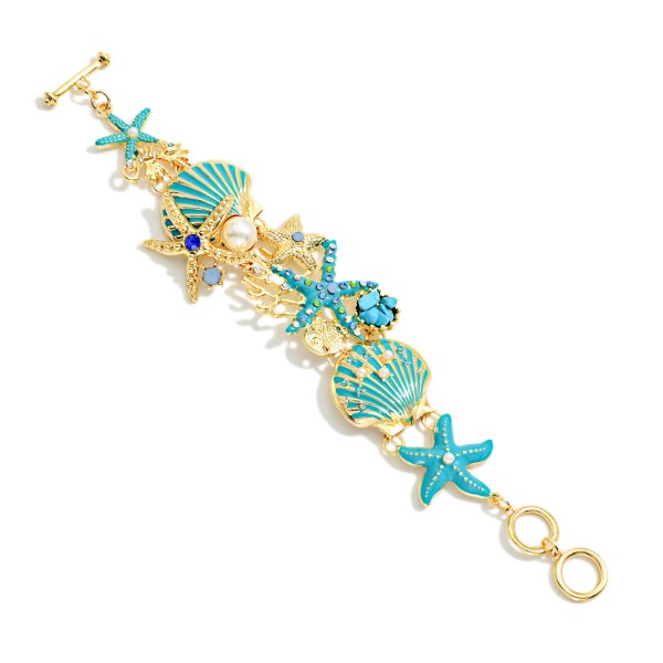 Linked Chunky Enamel Sea Animal Bracelet With Pearls & Rhinestone Details

- Approximately 3.5" D