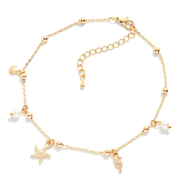 Chain Link Anklet Featuring Pearls & Beach Charms 

- Approximately 3.5" L
- Extender 2" L