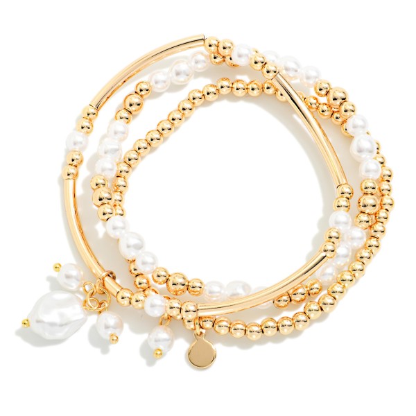Set Of Three Metal Tone & Pearl Beaded Stretch Bracelets 

- Approximately 2.5" D
