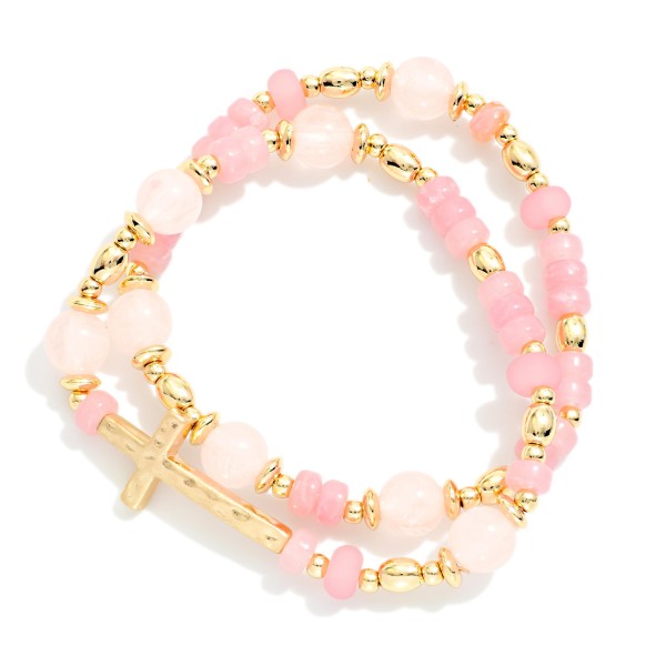 Set Of Two Beaded Bracelets Featuring Stone Disks & Metal Tone East West Cross 

- Approximately 2.5" D