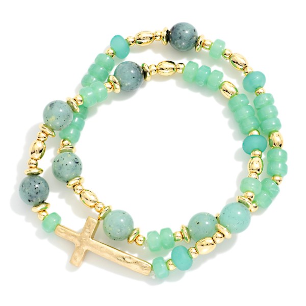Set Of Two Beaded Bracelets Featuring Stone Disks & Metal Tone East West Cross 

- Approximately 2.5" D