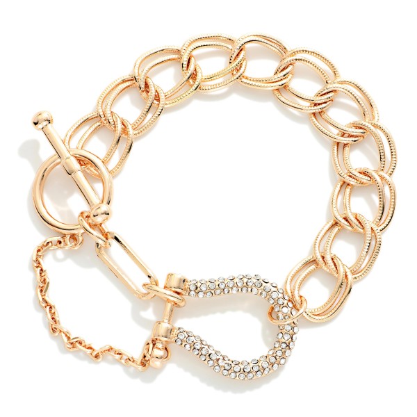 Layered Link Chain Link Bracelet Featuring Pave Rhinestone Horsebit & Toggle Clasp Detail 

- Approximately 3" D