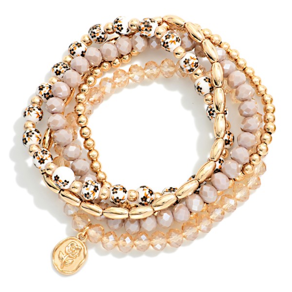 Set Of Five Beaded Bracelets Featuring Metal Tones, Faceted Beads, & Chinoiserie Beads 

- Approximately 2.5" D