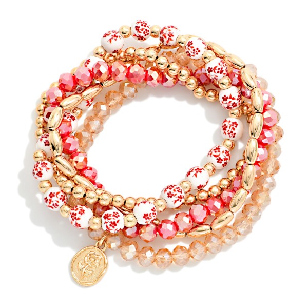 Set Of Five Beaded Bracelets Featuring Metal Tones, Faceted Beads, & Chinoiserie Beads 

- Approximately 2.5" D
