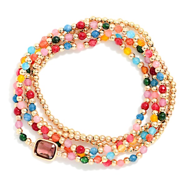 Set Of Five Petite Bead Beaded Stretch Bracelets Featuring Metal Tones, Faceted Bead, & Glass Crystal 

- Approximately 2.5" D