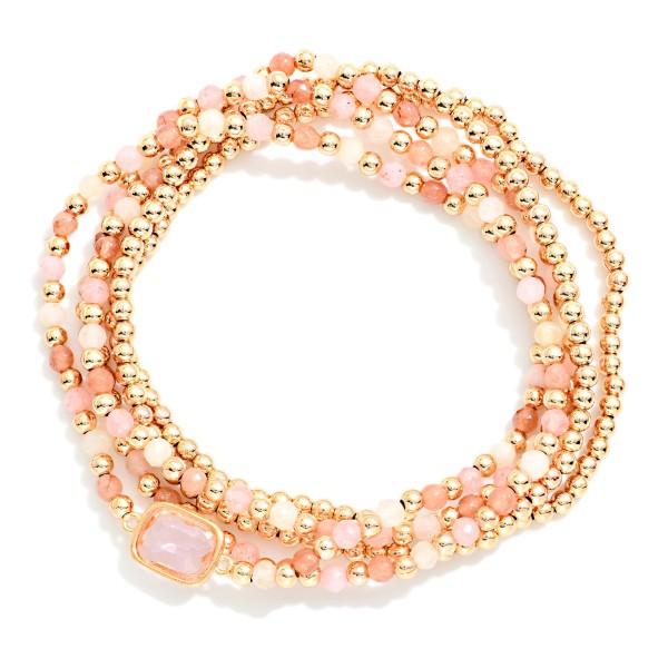 Set Of Five Petite Bead Beaded Stretch Bracelets Featuring Metal Tones, Faceted Bead, & Glass Crystal 

- Approximately 2.5" D