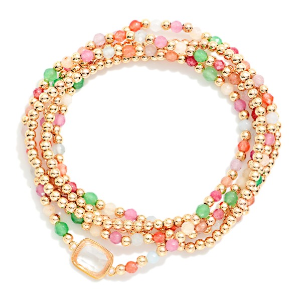 Set Of Five Petite Bead Beaded Stretch Bracelets Featuring Metal Tones, Faceted Bead, & Glass Crystal 

- Approximately 2.5" D