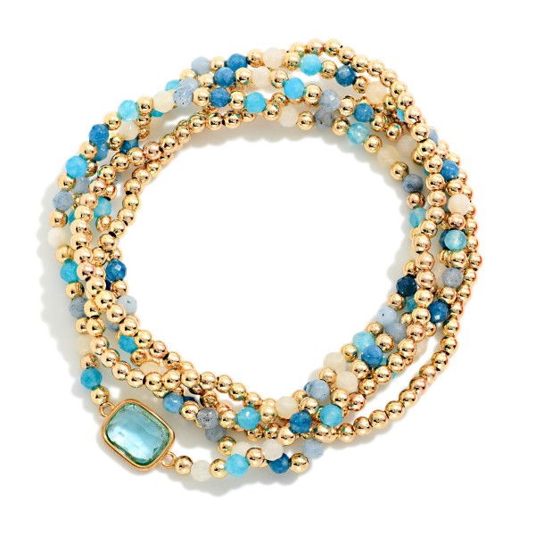 Set Of Five Petite Bead Beaded Stretch Bracelets Featuring Metal Tones, Faceted Bead, & Glass Crystal 

- Approximately 2.5" D