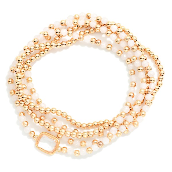 Set Of Five Petite Bead Beaded Stretch Bracelets Featuring Metal Tones, Faceted Bead, & Glass Crystal 

- Approximately 2.5" D