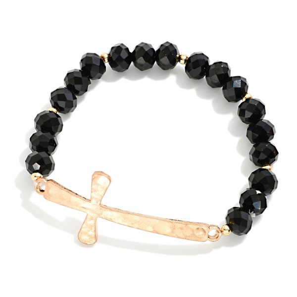 Faceted Bead Beaded Stretch Bracelet Feating Hammered Metal East West Cross

- Approximately 2.5" D
