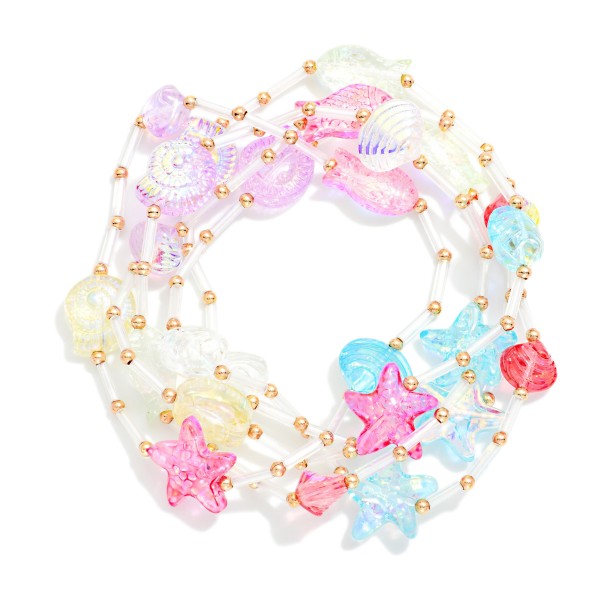 Set Of Five Iridescent Beach Bead & Tube Bead Beaded Stretch Bracelets  

- Approximately 2.5" D