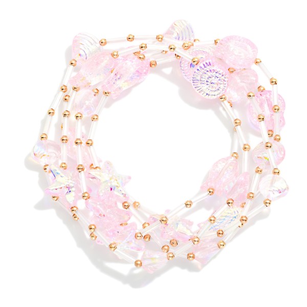 Set Of Five Iridescent Beach Bead & Tube Bead Beaded Stretch Bracelets  

- Approximately 2.5" D