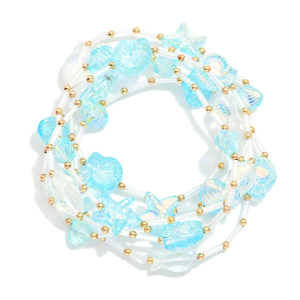 Set Of Five Iridescent Beach Bead & Tube Bead Beaded Stretch Bracelets  

- Approximately 2.5" D