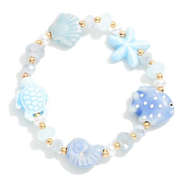 Beaded Stretch Bracelet Featuring Nautical Porcelain Beads & Pearls

- Approximately 2.5" D