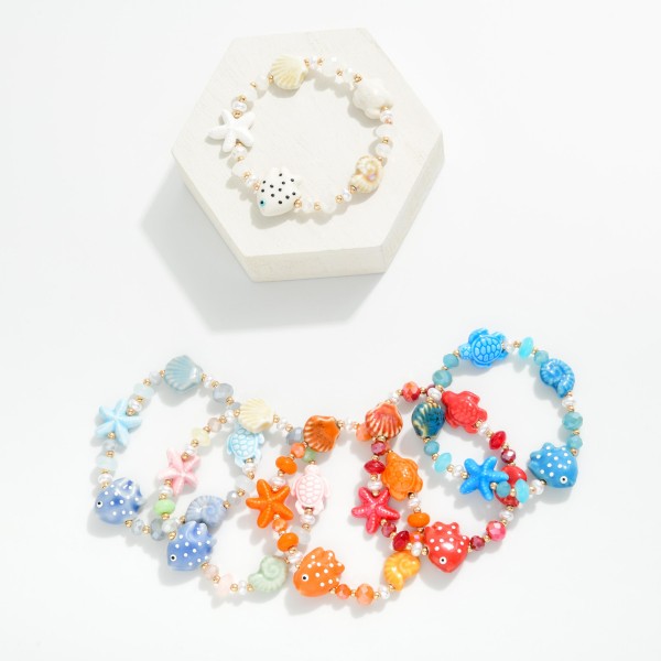 Beaded Stretch Bracelet Featuring Nautical Porcelain Beads & Pearls

- Approximately 2.5" D