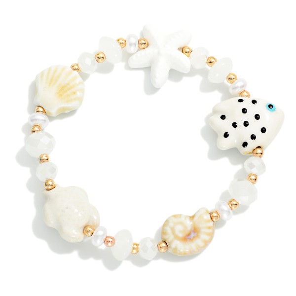 Beaded Stretch Bracelet Featuring Nautical Porcelain Beads & Pearls

- Approximately 2.5" D