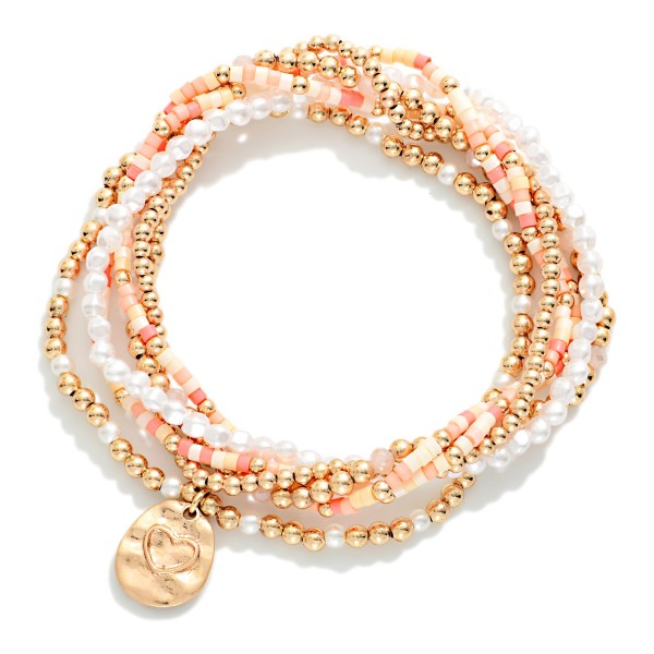 Set Of Six Mixed Bead Beaded Stretch Bracelet With Heart & Cross Charm 

- Approximately 2.5" D 