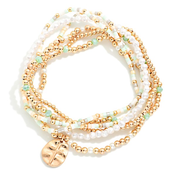 Set Of Six Mixed Bead Beaded Stretch Bracelet With Heart & Cross Charm 

- Approximately 2.5" D 