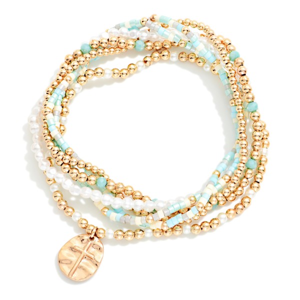 Set Of Six Mixed Bead Beaded Stretch Bracelet With Heart & Cross Charm 

- Approximately 2.5" D 