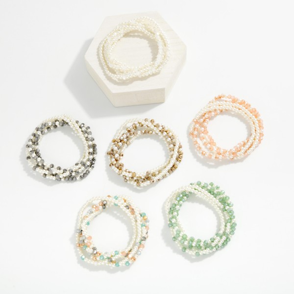 Set OF Five Beaded Stretch Bracelets Featuring Pearls & Faceted Beads

- Approximately 2.5" D