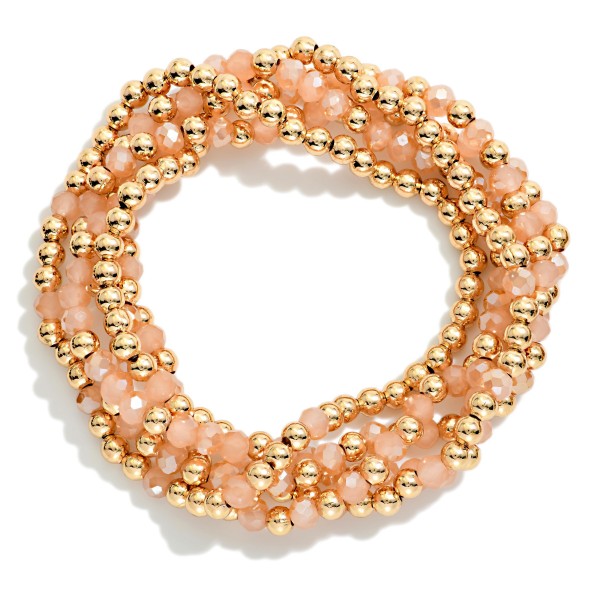 Set Of Five Beaded Bracelets Featuring Faceted Beads & Metal Tones

- Approximately 2.5" D