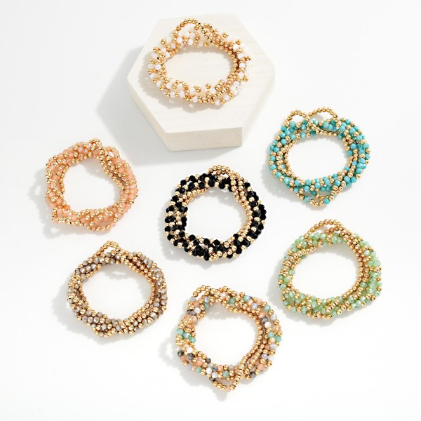 Set Of Five Beaded Bracelets Featuring Faceted Beads & Metal Tones

- Approximately 2.5" D