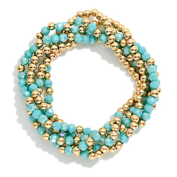 Set Of Five Beaded Bracelets Featuring Faceted Beads & Metal Tones

- Approximately 2.5" D