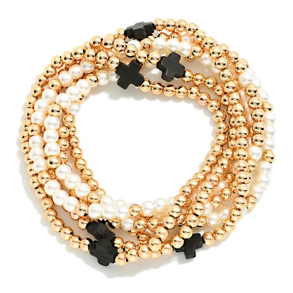 Set Of Six Beaded Stretch Bracelets Featuring Metal Tones, Pearl, Plus Cross Stations 

- Approximately 2.5" D