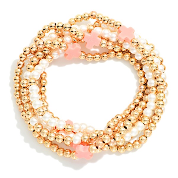 Set Of Six Beaded Stretch Bracelets Featuring Metal Tones, Pearl, Plus Cross Stations 

- Approximately 2.5" D