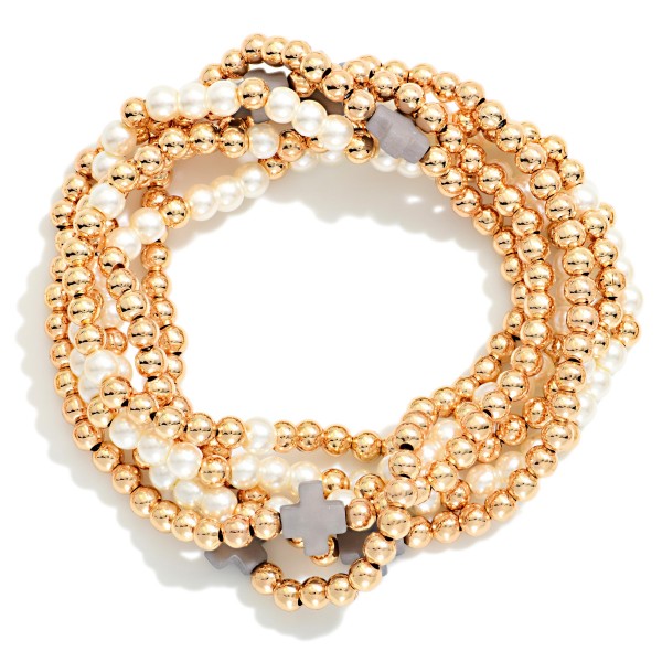 Set Of Six Beaded Stretch Bracelets Featuring Metal Tones, Pearl, Plus Cross Stations 

- Approximately 2.5" D