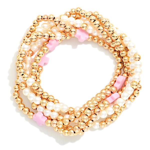 Set Of Six Beaded Stretch Bracelets Featuring Metal Tones, Pearl, Plus Cross Stations 

- Approximately 2.5" D