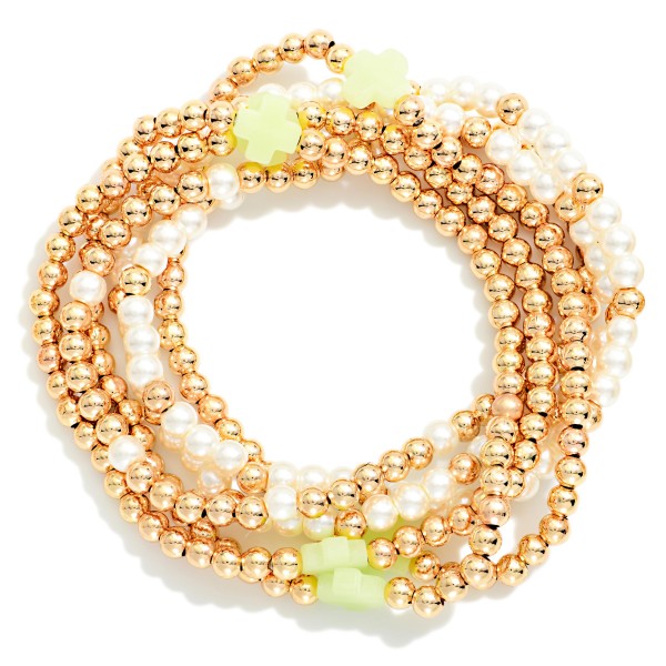 Set Of Six Beaded Stretch Bracelets Featuring Metal Tones, Pearl, Plus Cross Stations 

- Approximately 2.5" D