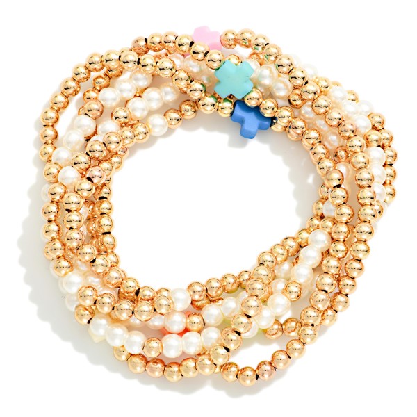 Set Of Six Beaded Stretch Bracelets Featuring Metal Tones, Pearl, Plus Cross Stations 

- Approximately 2.5" D