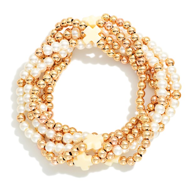 Set Of Six Beaded Stretch Bracelets Featuring Metal Tones, Pearl, Plus Cross Stations 

- Approximately 2.5" D
