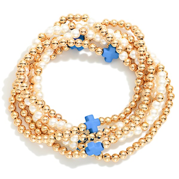Set Of Six Beaded Stretch Bracelets Featuring Metal Tones, Pearl, Plus Cross Stations 

- Approximately 2.5" D