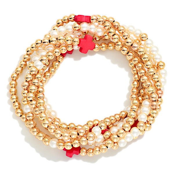 Set Of Six Beaded Stretch Bracelets Featuring Metal Tones, Pearl, Plus Cross Stations 

- Approximately 2.5" D