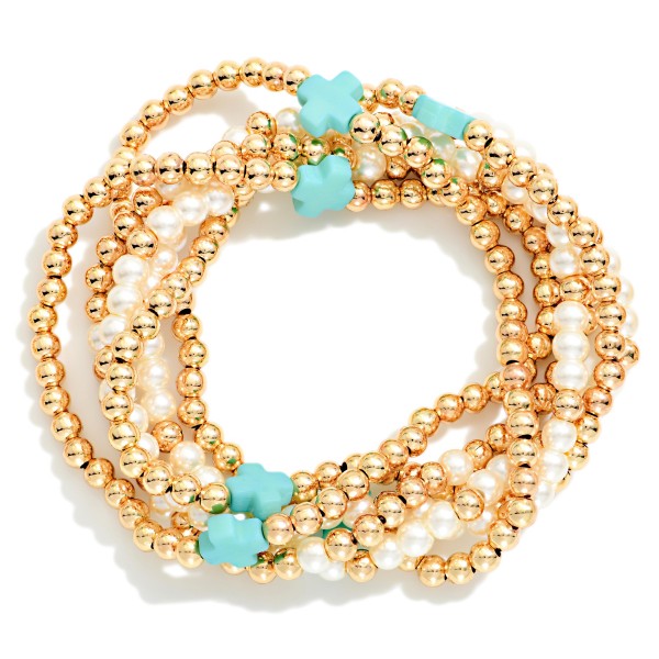 Set Of Six Beaded Stretch Bracelets Featuring Metal Tones, Pearl, Plus Cross Stations 

- Approximately 2.5" D