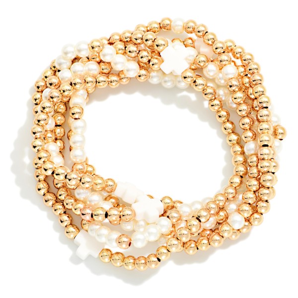 Set Of Six Beaded Stretch Bracelets Featuring Metal Tones, Pearl, Plus Cross Stations 

- Approximately 2.5" D