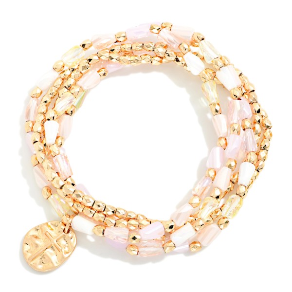 Set Of Five Beaded Stretch Bracelets Featuring Faceted Cylinder & Gold Beads

- Approximately 2.5" D