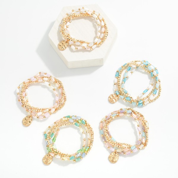 Set Of Five Beaded Stretch Bracelets Featuring Faceted Cylinder & Gold Beads

- Approximately 2.5" D