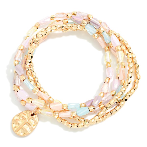 Set Of Five Beaded Stretch Bracelets Featuring Faceted Cylinder & Gold Beads

- Approximately 2.5" D