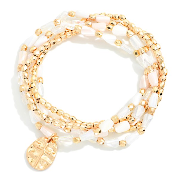 Set Of Five Beaded Stretch Bracelets Featuring Faceted Cylinder & Gold Beads

- Approximately 2.5" D
