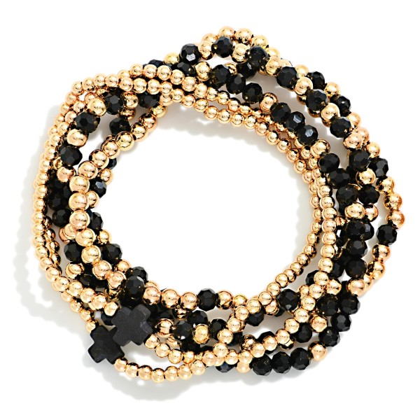 Set Of Six Beaded Stretch Bracelets Featuring Metal Tones, Faceted Beads, & Plus Cross Stations 

- Approximately 2.5" D