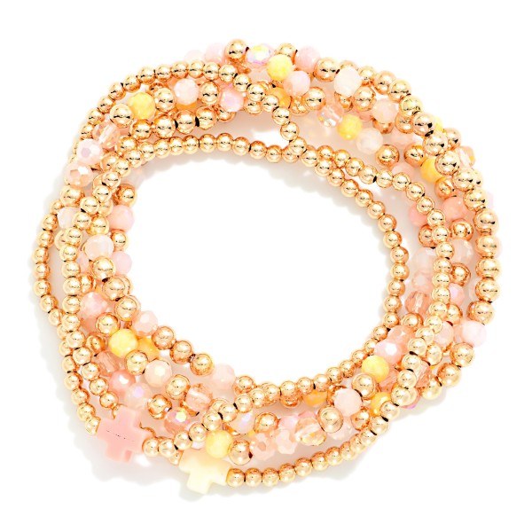Set Of Six Beaded Stretch Bracelets Featuring Metal Tones, Faceted Beads, & Plus Cross Stations 

- Approximately 2.5" D
