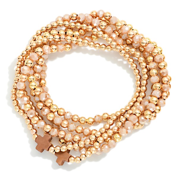 Set Of Six Beaded Stretch Bracelets Featuring Metal Tones, Faceted Beads, & Plus Cross Stations 

- Approximately 2.5" D