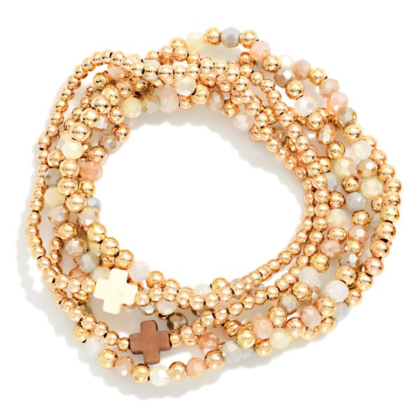 Set Of Six Beaded Stretch Bracelets Featuring Metal Tones, Faceted Beads, & Plus Cross Stations 

- Approximately 2.5" D