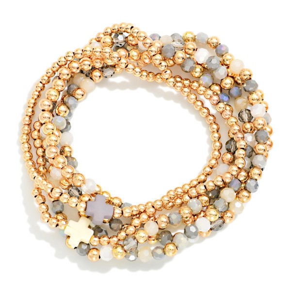 Set Of Six Beaded Stretch Bracelets Featuring Metal Tones, Faceted Beads, & Plus Cross Stations 

- Approximately 2.5" D