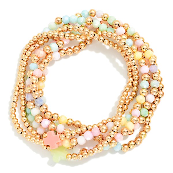 Set Of Six Beaded Stretch Bracelets Featuring Metal Tones, Faceted Beads, & Plus Cross Stations 

- Approximately 2.5" D