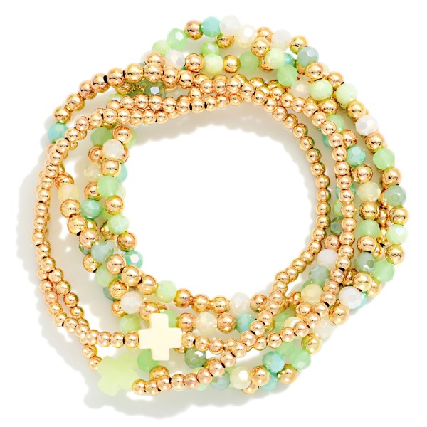 Set Of Six Beaded Stretch Bracelets Featuring Metal Tones, Faceted Beads, & Plus Cross Stations 

- Approximately 2.5" D