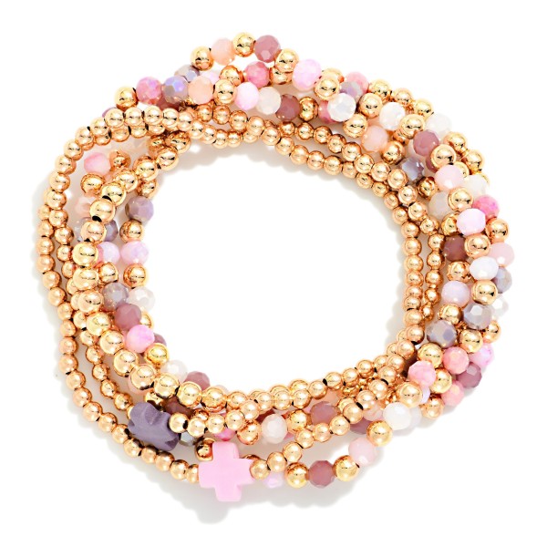 Set Of Six Beaded Stretch Bracelets Featuring Metal Tones, Faceted Beads, & Plus Cross Stations 

- Approximately 2.5" D